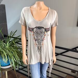 Vocal Western Rhinestone Bull Skull Fringe Tunic Top Cowgirl Boho Country Large